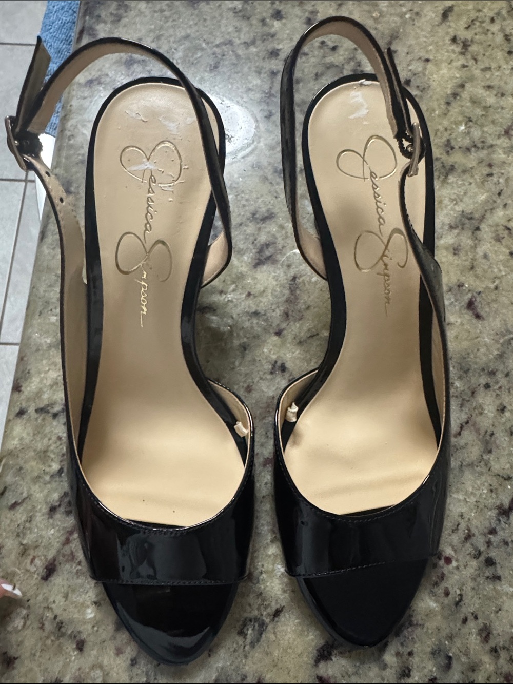 Jessica Simpson Black Patent Open-Toe Slingback Heels